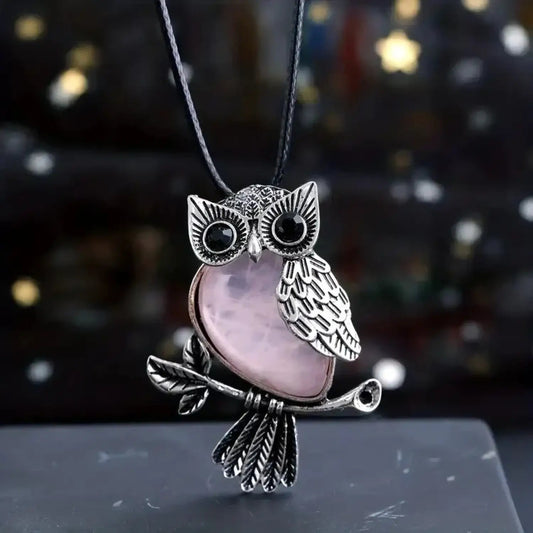 Natural Crystal Owl Healing Crystal Stone Pendant Necklace Women’s Natural Amethyst Rose Quartz Gem - Lunar Squirrel’s Puntique