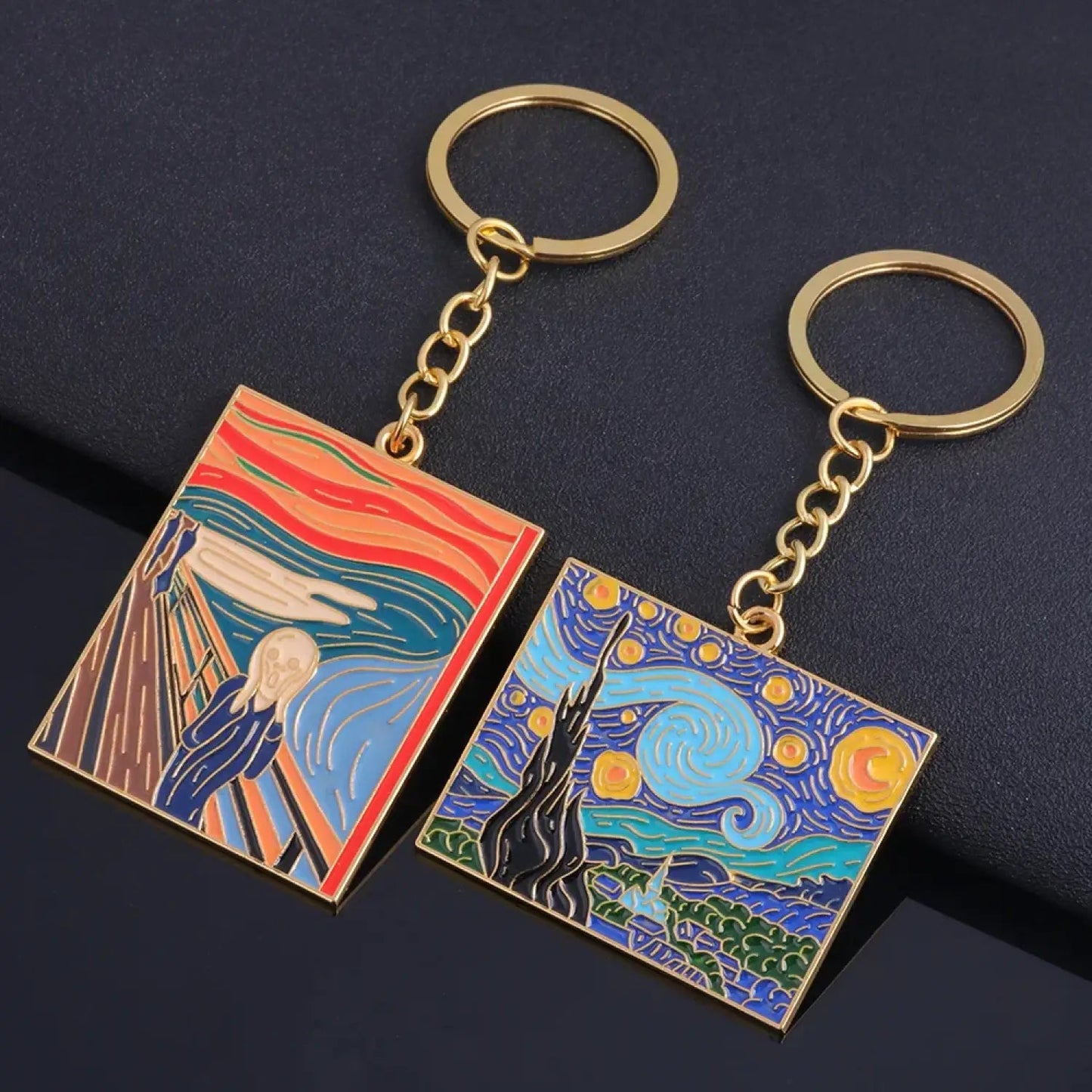 The Starry Night Oil Painting Keychain Van Gogh Art Collection Key Chain for Women Men Car Keyring Jewelry - Lunar Squirrel’s Puntique