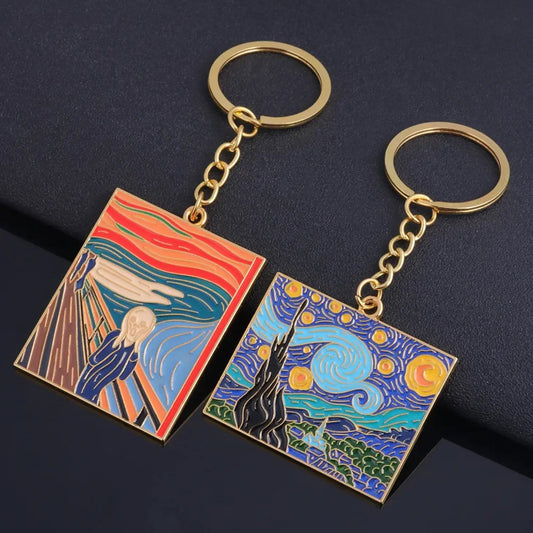 The Starry Night Oil Painting Keychain Van Gogh Art Collection Key Chain for Women Men Car Keyring Jewelry - Lunar Squirrel’s Puntique