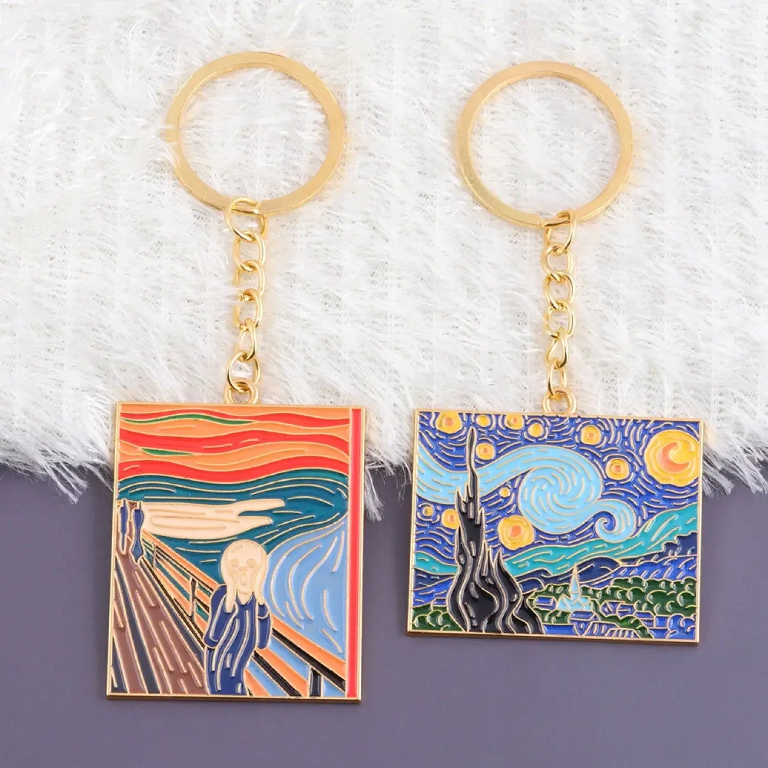 The Starry Night Oil Painting Keychain Van Gogh Art Collection Key Chain for Women Men Car Keyring Jewelry - Lunar Squirrel’s Puntique