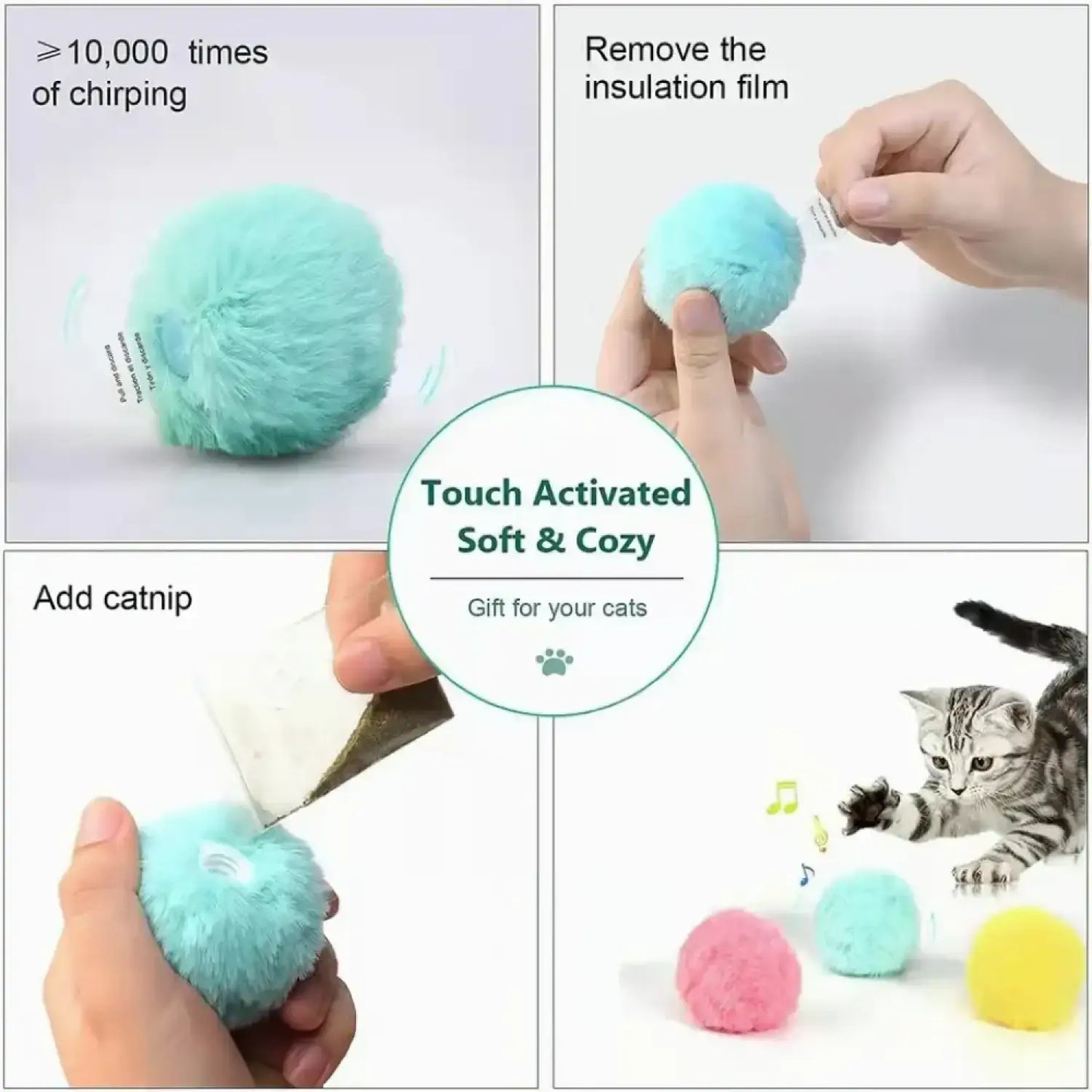 Fuzzy Cat Ball Toy with Lifelike Animal Chirping Sound