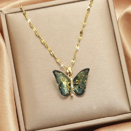 Gold Butterfly Series Copper Encrusted Zircon Pendant Steel