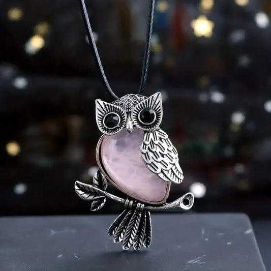 Natural Crystal Owl Healing Crystal Stone Pendant Necklace